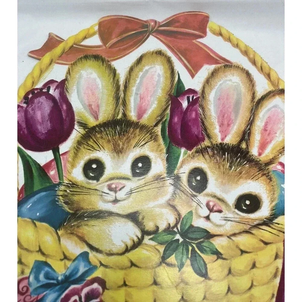 VTG Die Cut Cardboard Easter Decoration Brown Rabbits in Basket with Egg Tulips